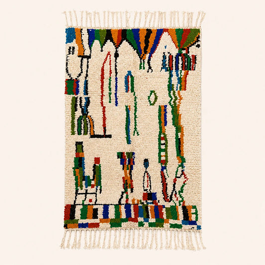 Top view of handmade Moroccan berber rug with colorful symbolic geometric woven patterns