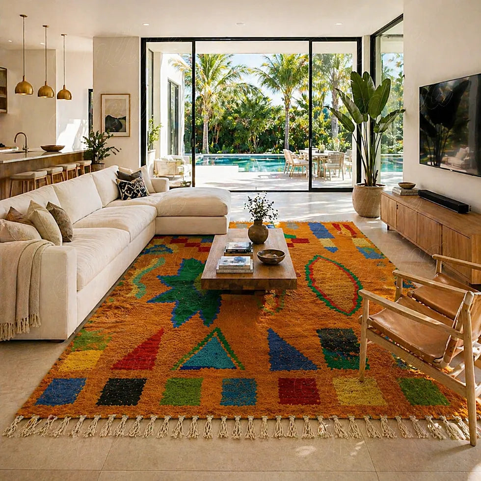 Handwoven Boujad berber rug with colorful symbolic patterns in modern luxury living room interior