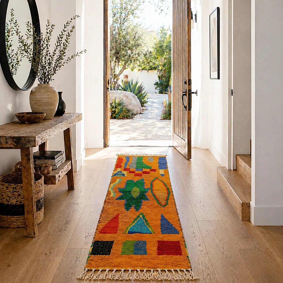 Colorful Boujad berber runner rug with symbolic geometric motifs in warm natural entryway decor