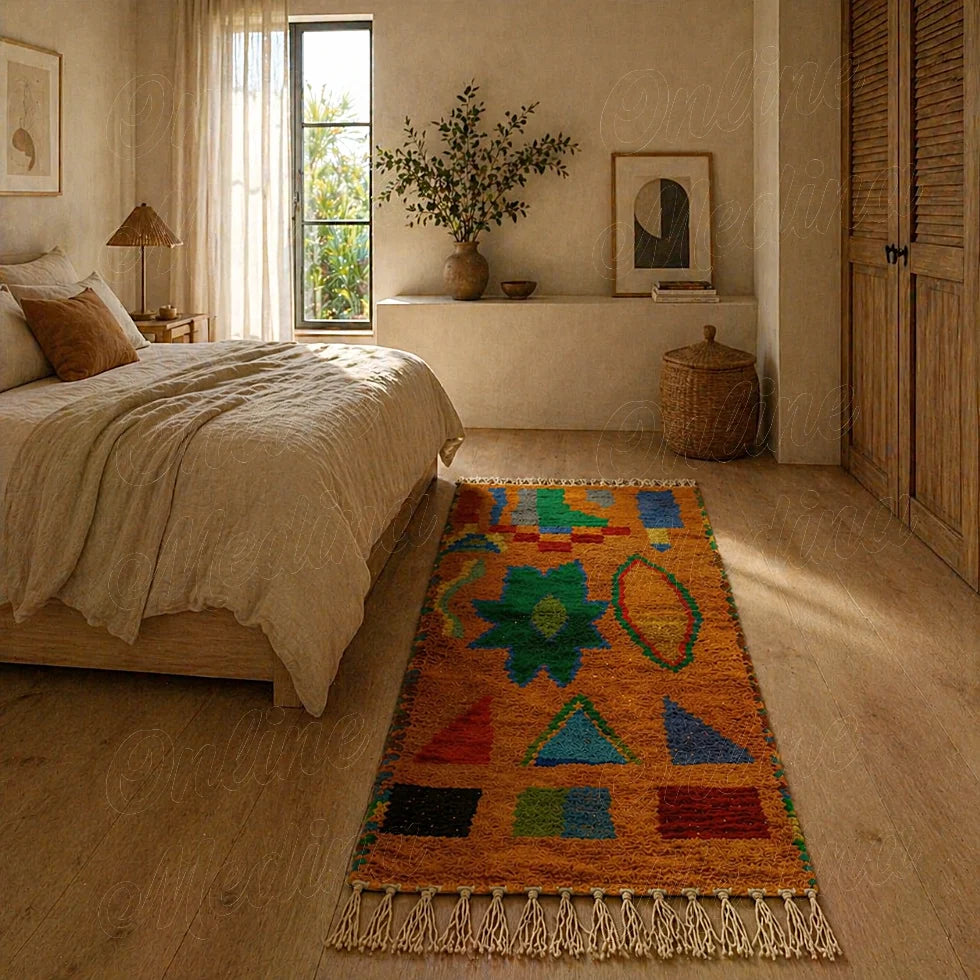 Handmade Boujad berber runner rug with vibrant symbolic patterns beside minimalist bedroom bed