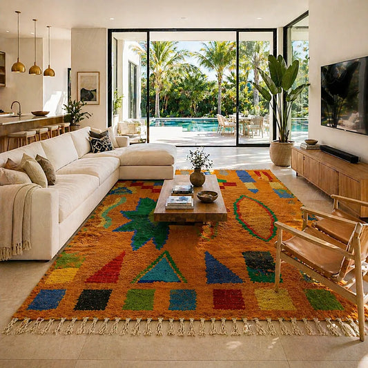 Handwoven Boujad berber rug with colorful symbolic patterns in modern luxury living room interior