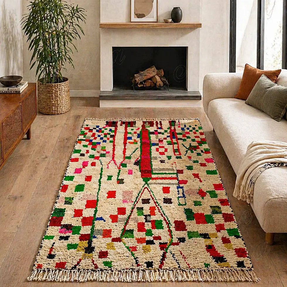 Colorful Azilal berber rug with symbolic grid pattern on cream wool, shown in a clear flat studio view