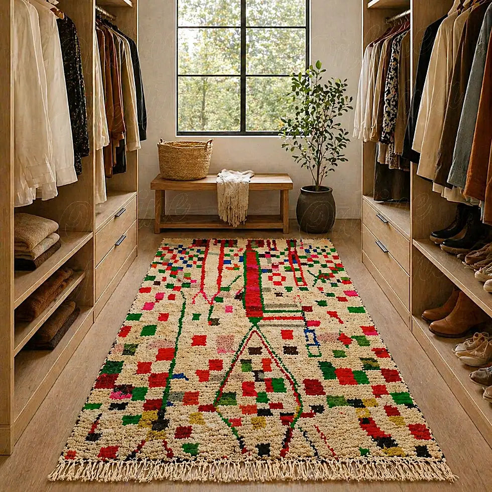 Colorful Azilal berber runner rug with symbolic pattern, styled in a luxury wood dressing room