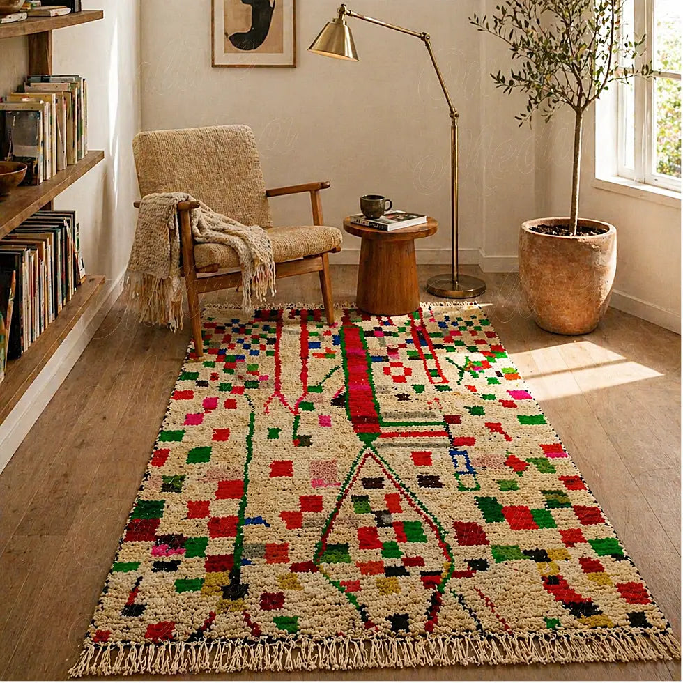 Colorful Azilal berber rug with artistic symbols, styled in a warm reading corner with natural wood