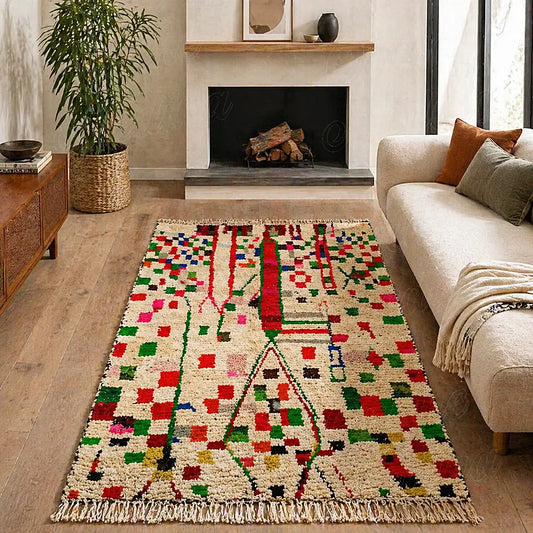 Colorful Azilal berber rug with symbolic grid pattern on cream wool, shown in a clear flat studio view