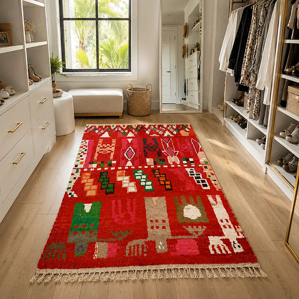 Red Boujad runner rug with symbolic geometric pattern, styled in a bright modern dressing room