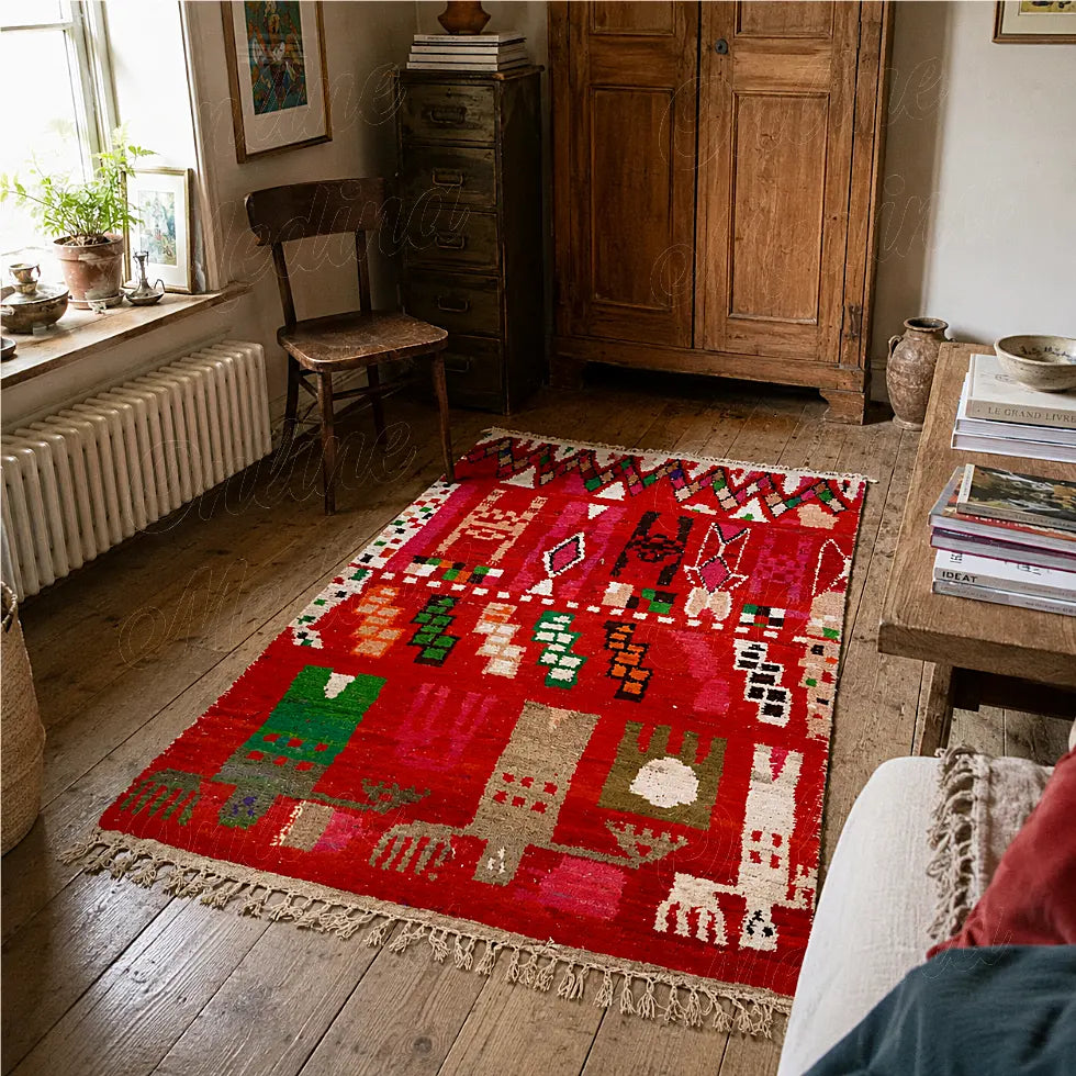 Red Boujad berber rug with artistic symbols, styled in a vintage wood interior with natural light