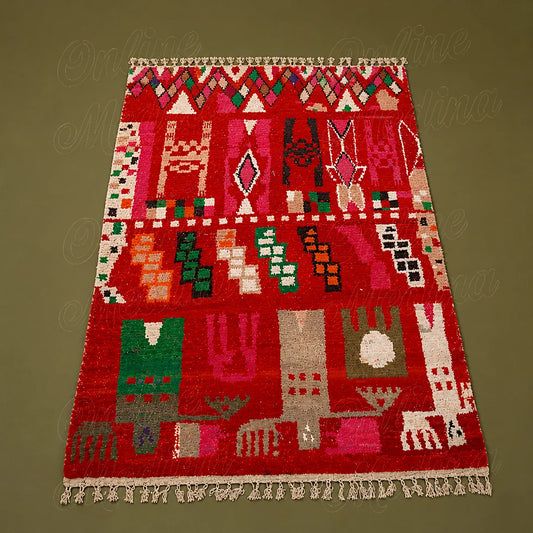 Red Boujad rug with symbolic geometric pattern on wool, shown in a clear flat lay studio view