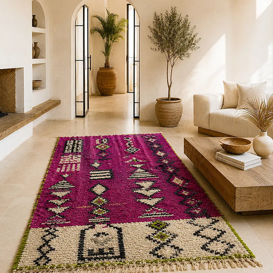 Magenta Boujad rug with tribal geometric pattern, styled in a modern Mediterranean interior