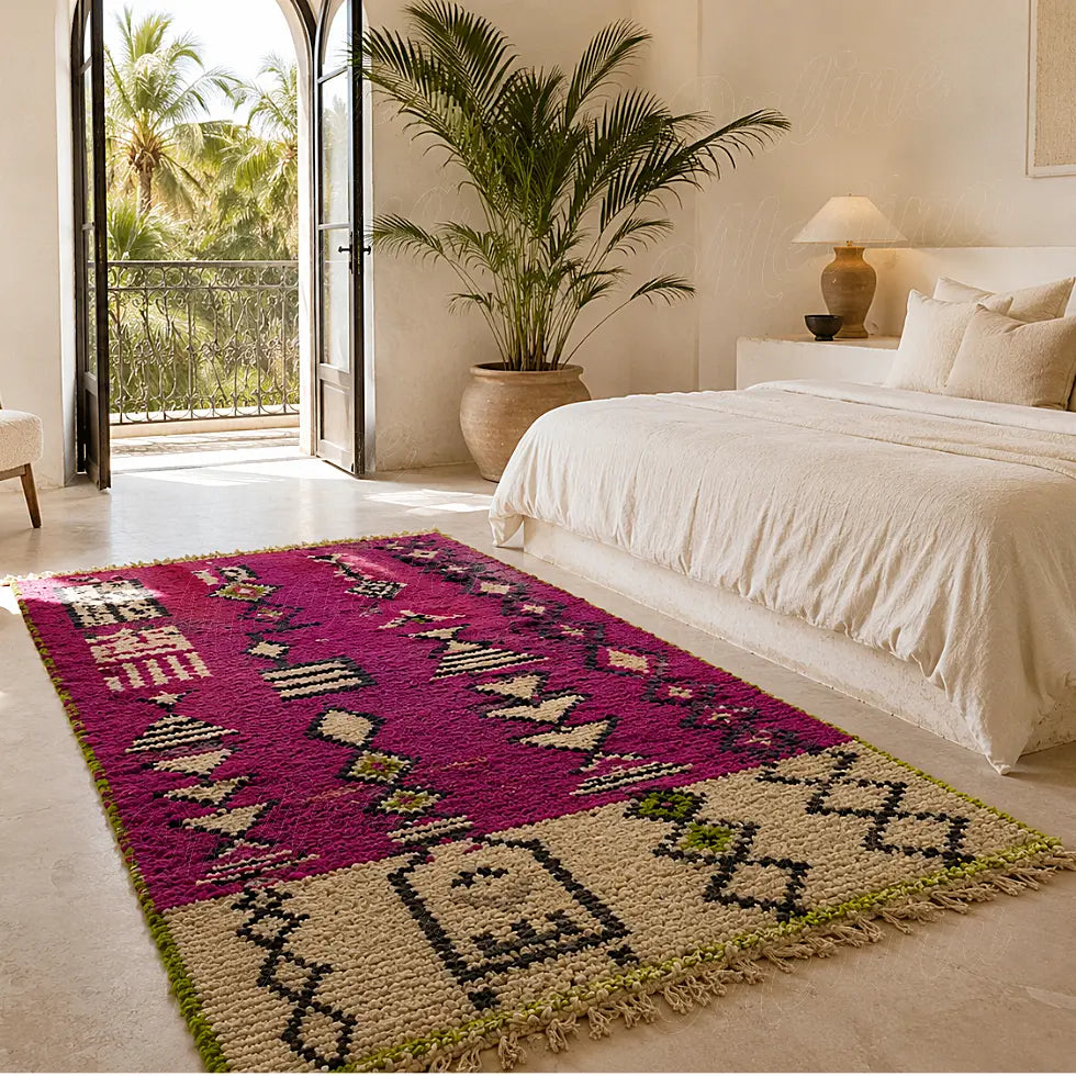 Magenta Boujad berber runner rug with symbolic pattern, styled in a bright bedroom interior