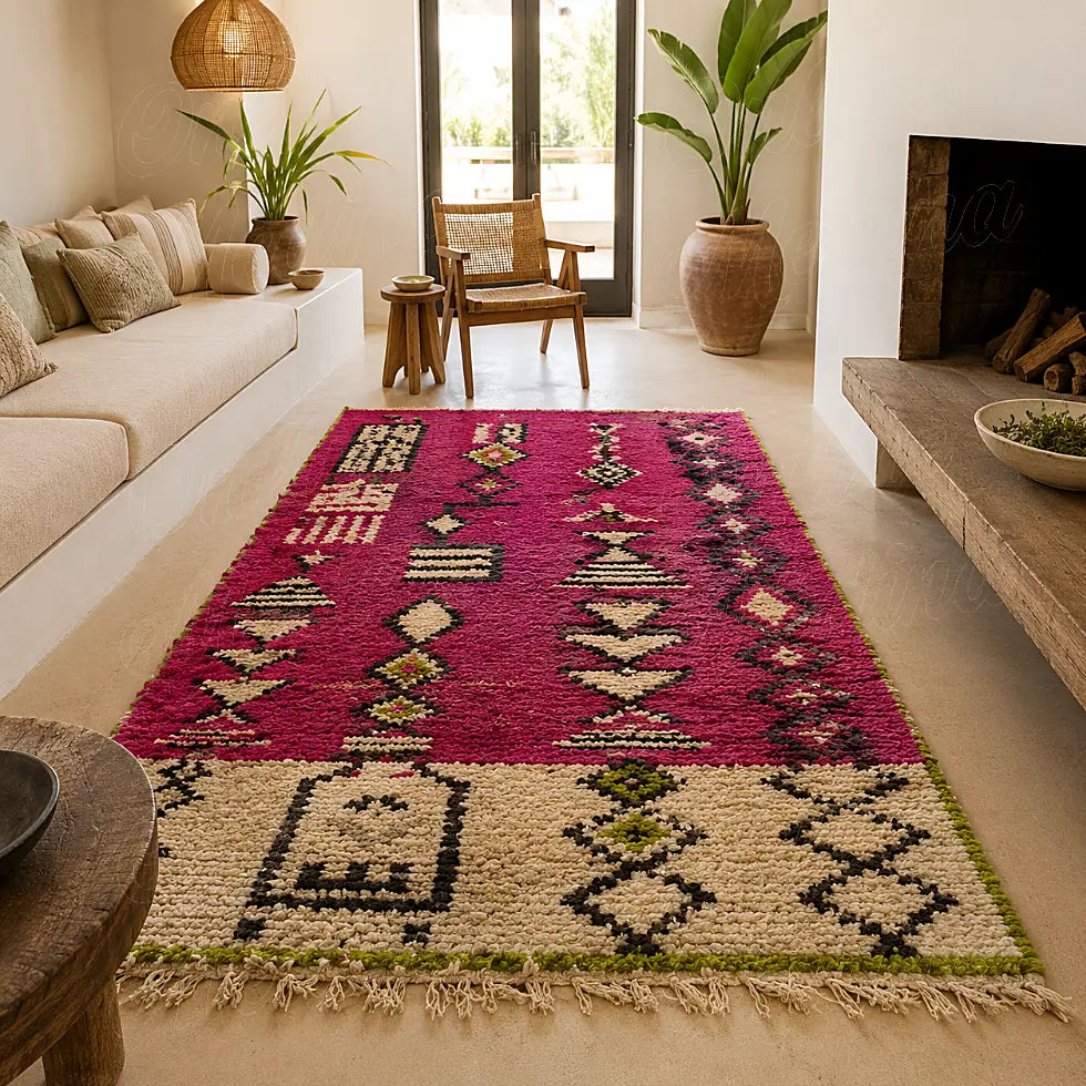 Magenta Boujad rug with tribal symbol pattern, styled in a minimalist living room interior