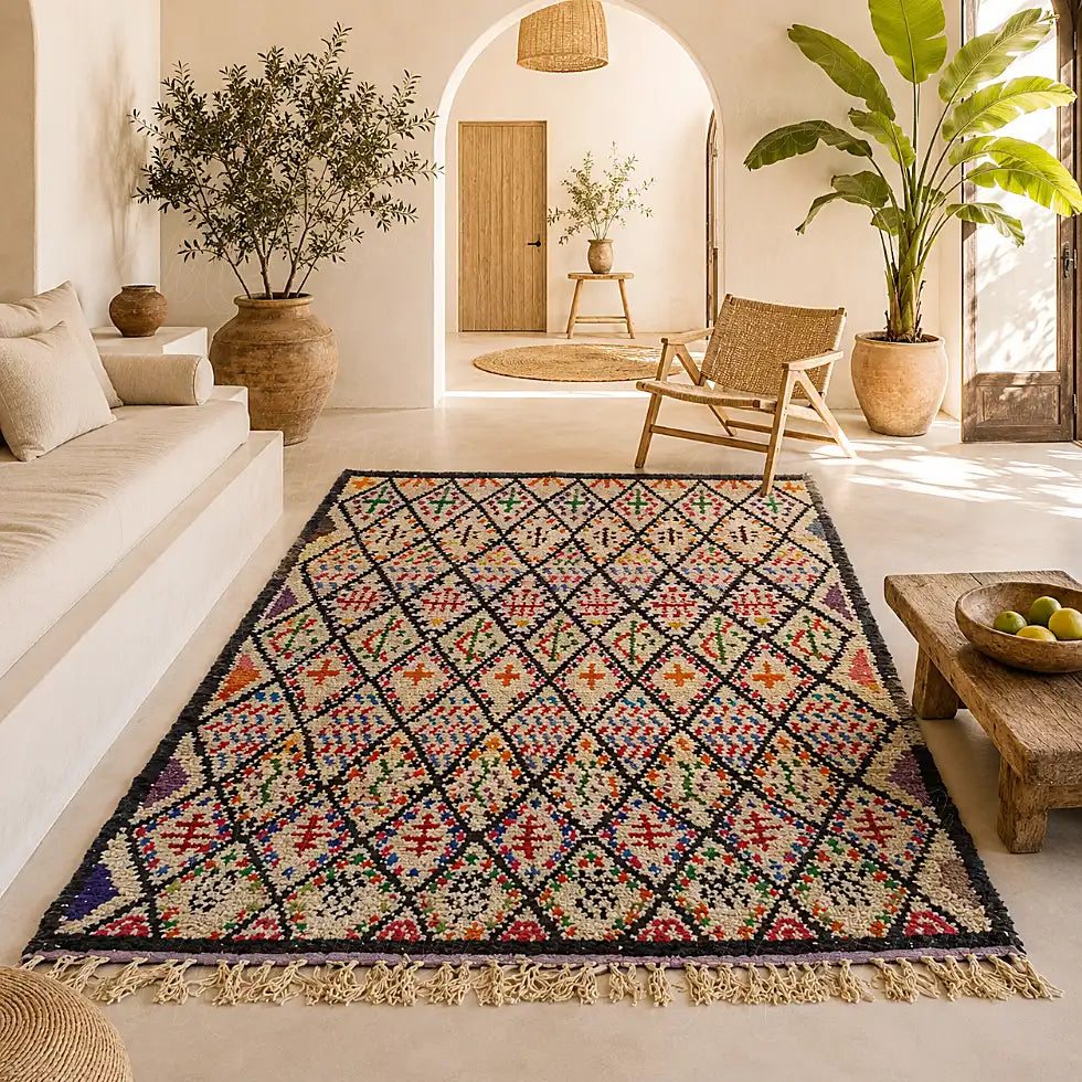Colorful Moroccan Berber wool rug with diamond motifs in a warm living room