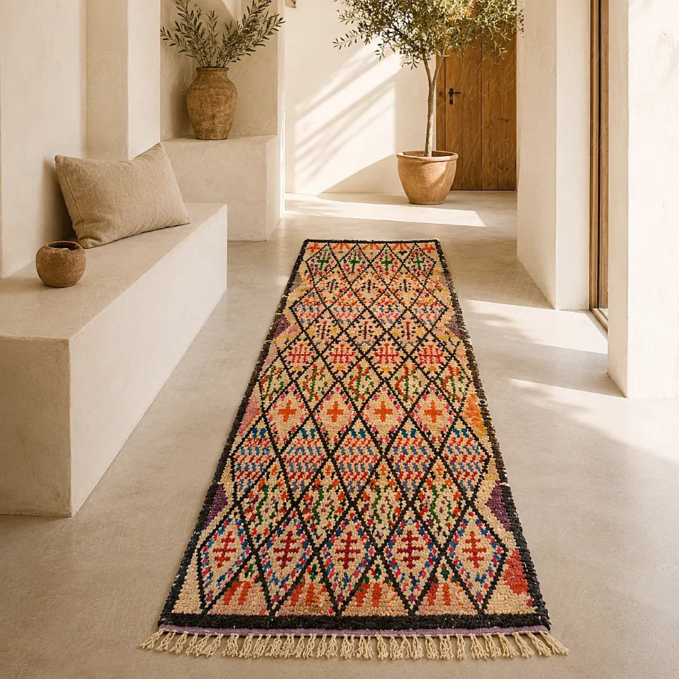 Colorful Moroccan Berber runner rug with diamond motifs in a bright hallway