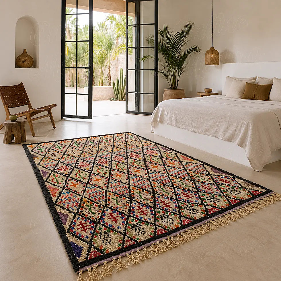 Colorful Moroccan Berber wool rug with diamond motifs in a serene bedroom