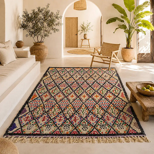 Colorful Moroccan Berber wool rug with diamond motifs in a warm living room