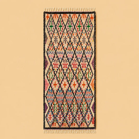 Colorful Moroccan Berber runner rug with diamond motifs on plain background