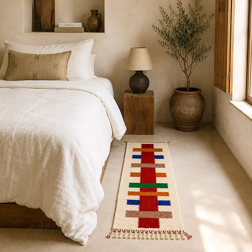 Modern Moroccan Berber runner rug with colorful stripe pattern beside a bed