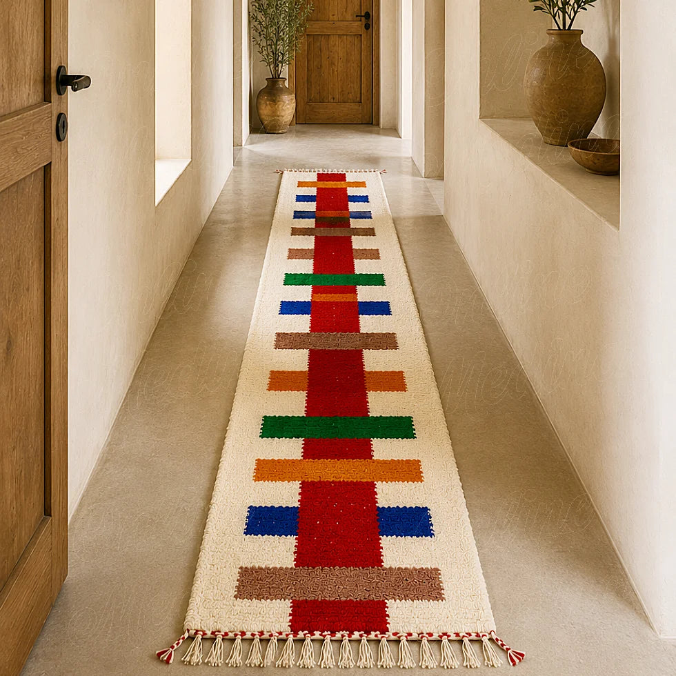 Modern Moroccan Berber runner rug with colorful stripe pattern in a bright hallway