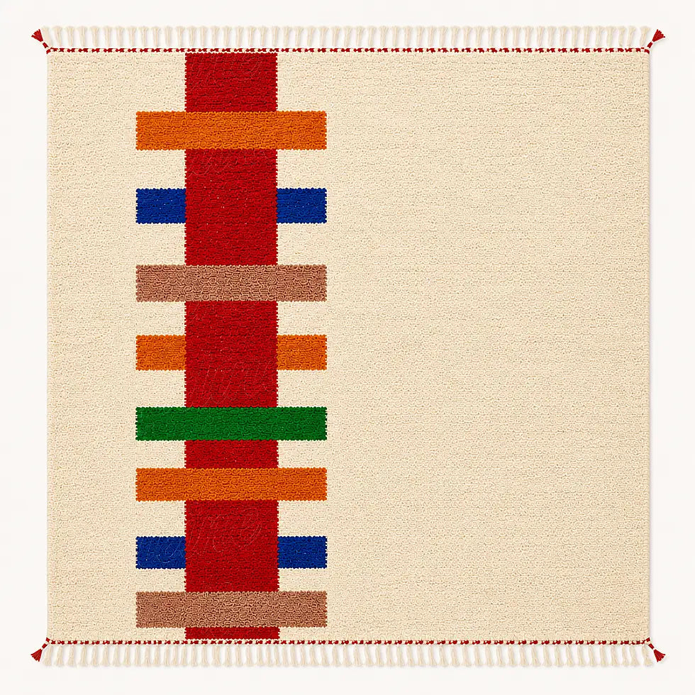 Modern Moroccan Berber wool rug with colorful stripe pattern on plain background