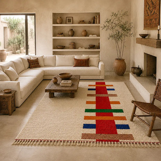 Modern Moroccan Berber wool rug with colorful stripe pattern in a warm living room