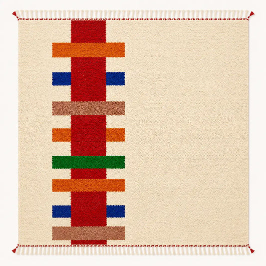 Modern Moroccan Berber wool rug with colorful stripe pattern on plain background