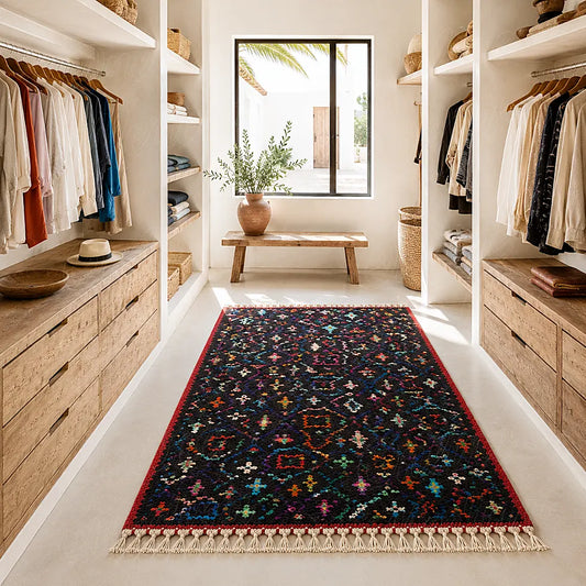 Dark Moroccan Berber wool rug with colorful tribal motifs in a bright dressing room