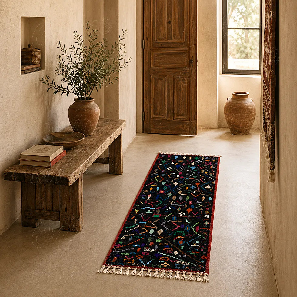 Dark Moroccan Berber runner rug with colorful tribal motifs in a warm hallway