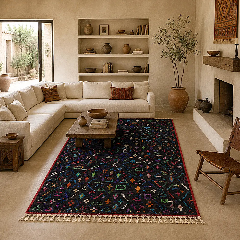 Dark Moroccan Berber wool rug with colorful tribal motifs in a warm living room