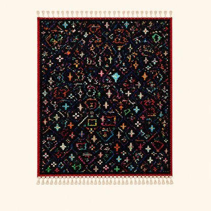Dark Moroccan Berber wool rug with colorful tribal motifs on plain background
