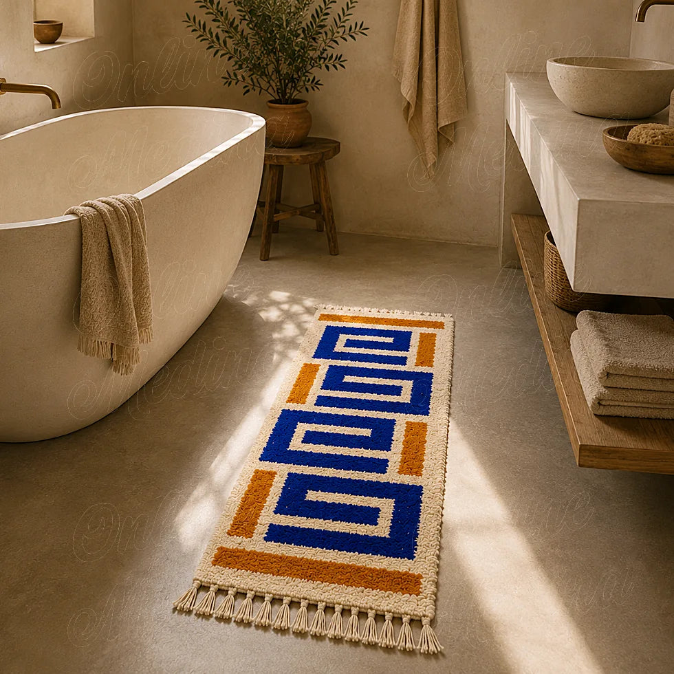 Modern Moroccan Berber runner rug with blue geometric motifs in a warm bathroom