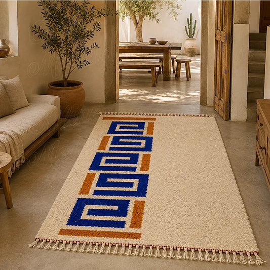 Modern Moroccan Berber wool rug with blue geometric motifs in a warm living room