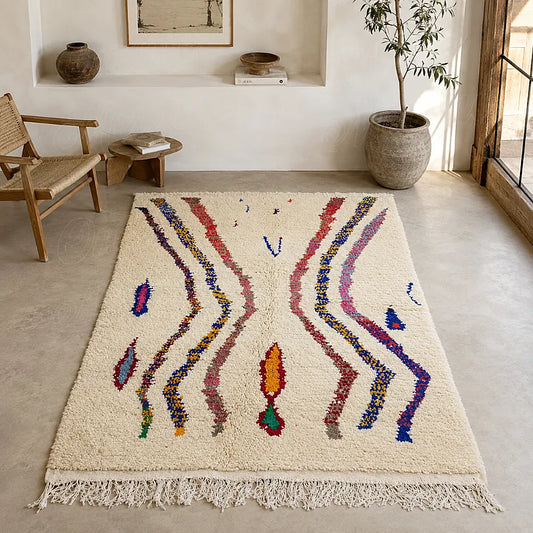 Tapis écru de style Azilal à lignes colorées ondulantes dans un salon lumineux avec fauteuil en bois