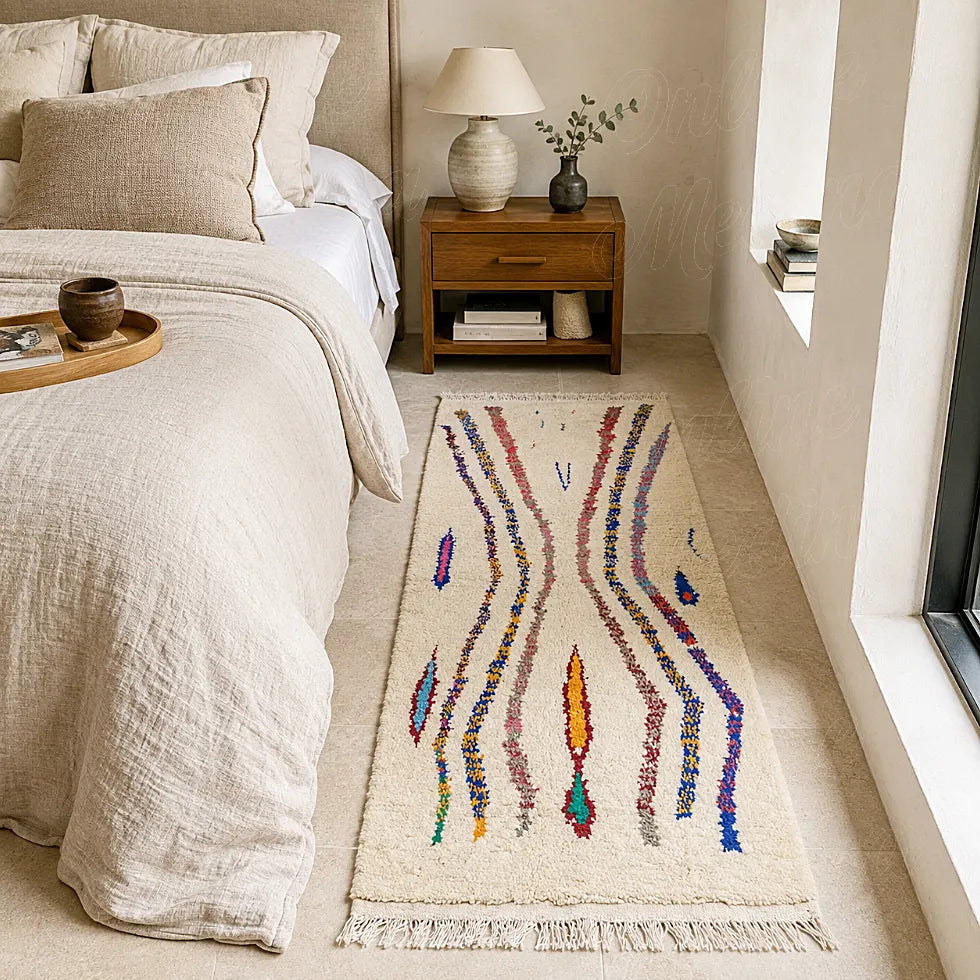 Tapis écru de style Azilal à longues lignes multicolores disposé près d’un lit dans une chambre claire