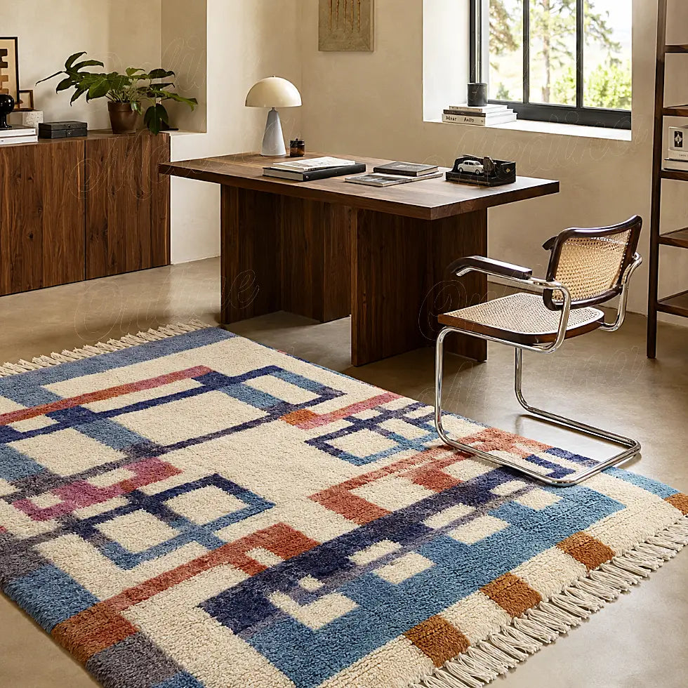 Tapis écru à cadres bleus, roses et rouille sous une chaise dans un bureau en bois