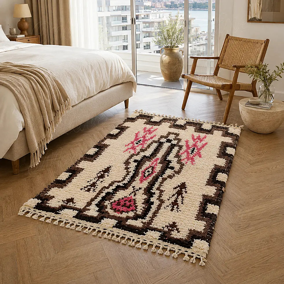 Tapis berbère écru à axe brun et motifs framboise placé au pied d’un lit dans une chambre claire