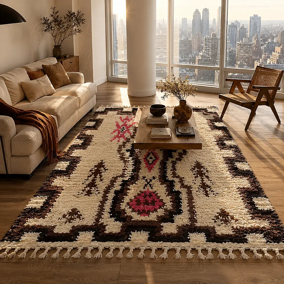 Tapis écru encadré de brun sous une table basse dans un salon baigné de lumière