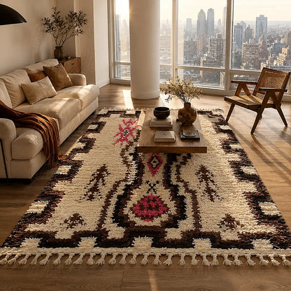 Tapis écru encadré de brun sous une table basse dans un salon baigné de lumière