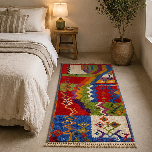 Tapis rouge de style Boujad à motifs colorés placé au pied d’un lit dans une chambre claire