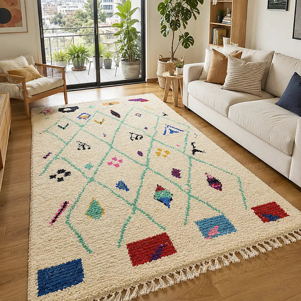Tapis écru de style Azilal à treillis menthe devant un canapé clair dans un salon lumineux