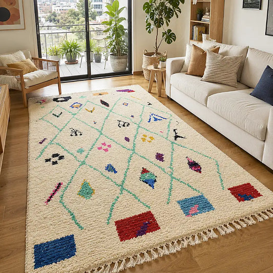 Tapis écru de style Azilal à treillis menthe devant un canapé clair dans un salon lumineux