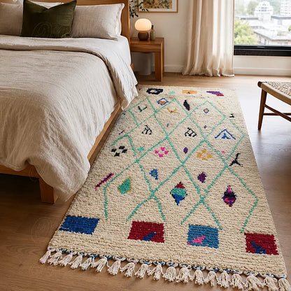 Tapis en laine à losanges menthe et motifs colorés au pied d’un lit en bois