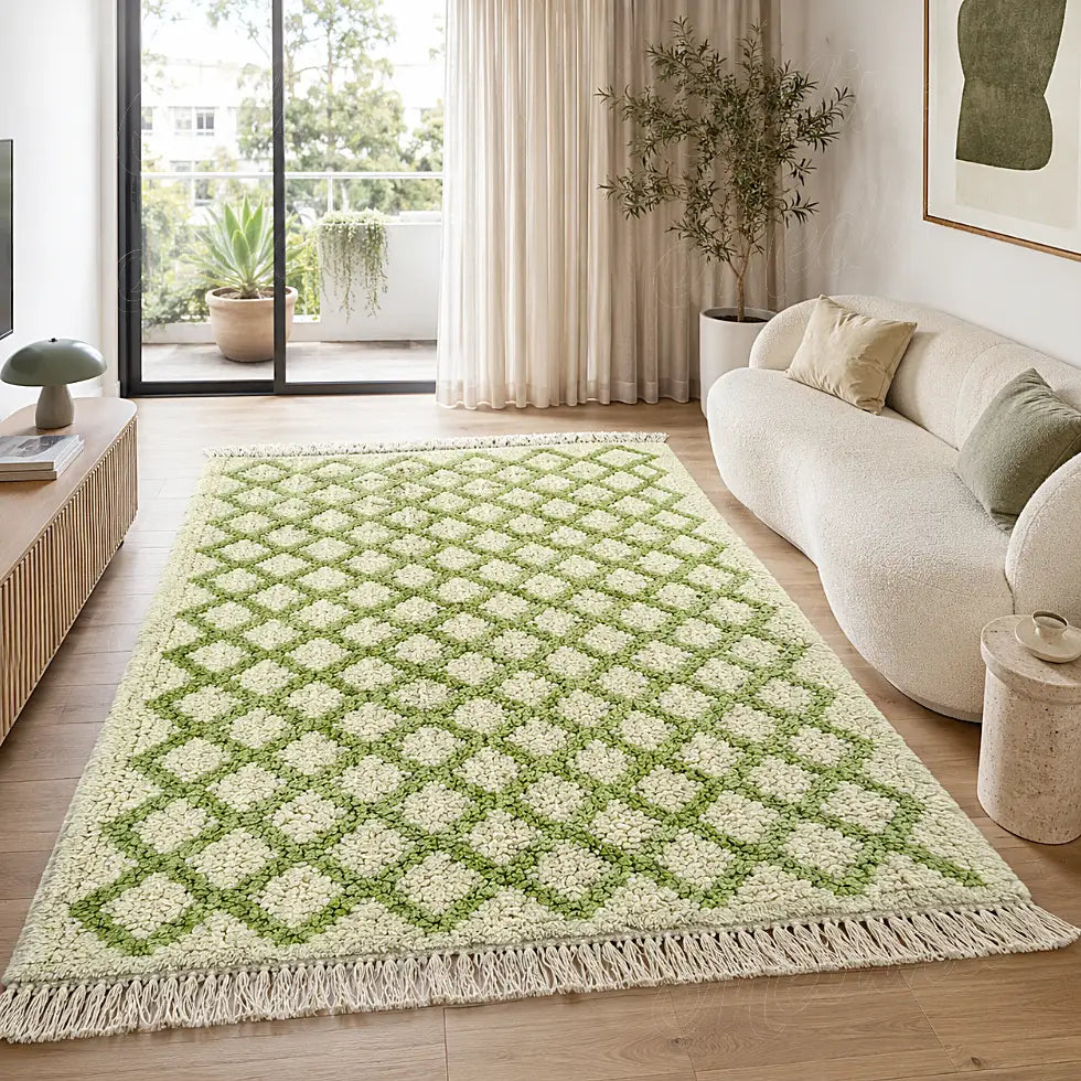 Tapis écru de style Beni Ouarain à losanges verts devant un canapé clair dans un salon