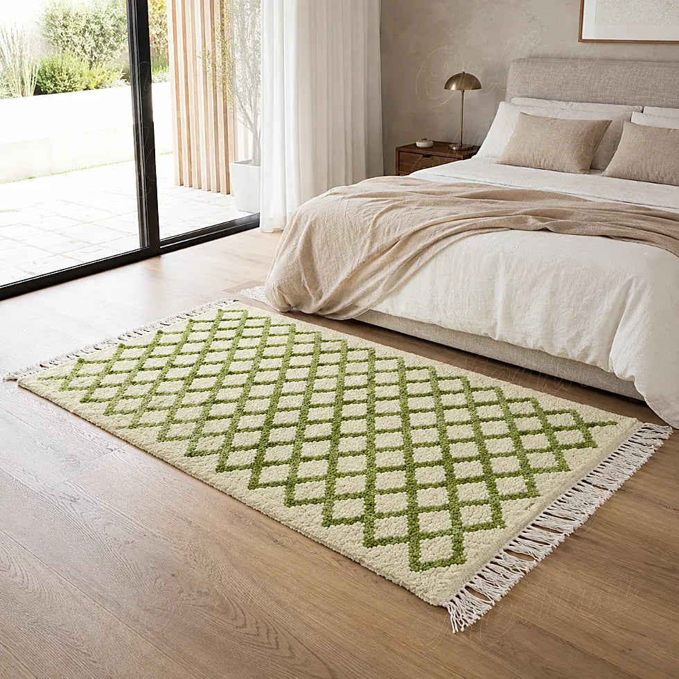 Tapis en laine écru à treillis vert placé au pied d’un lit dans une chambre lumineuse