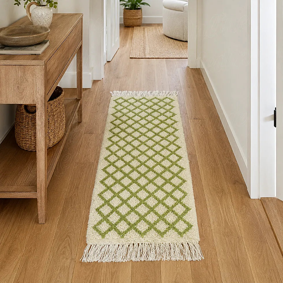 Tapis minimaliste écru à losanges verts allongé dans un couloir clair