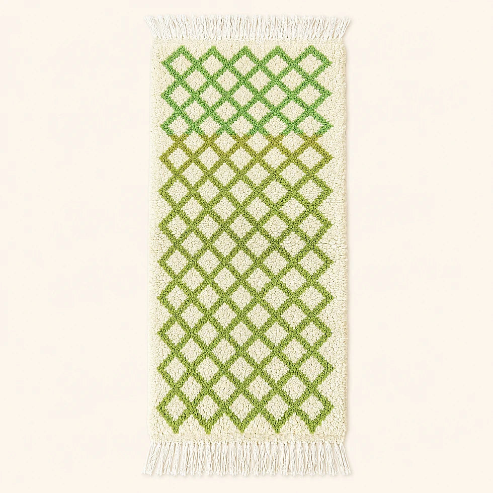 Vue entière du tapis écru de style Beni Ouarain à treillis de losanges verts sur fond neutre