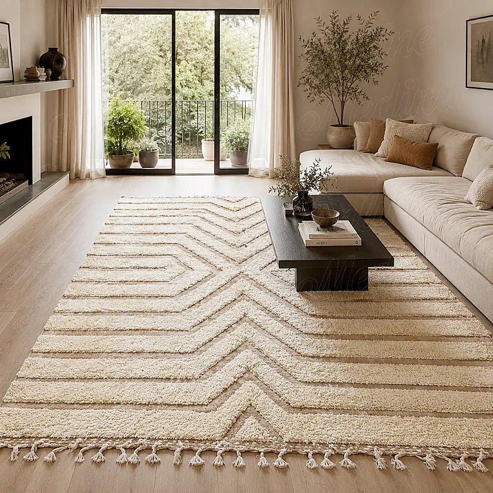 Tapis berbère moderne écru à grand X central devant un canapé clair dans un salon