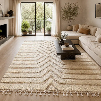 Tapis berbère moderne écru à grand X central devant un canapé clair dans un salon