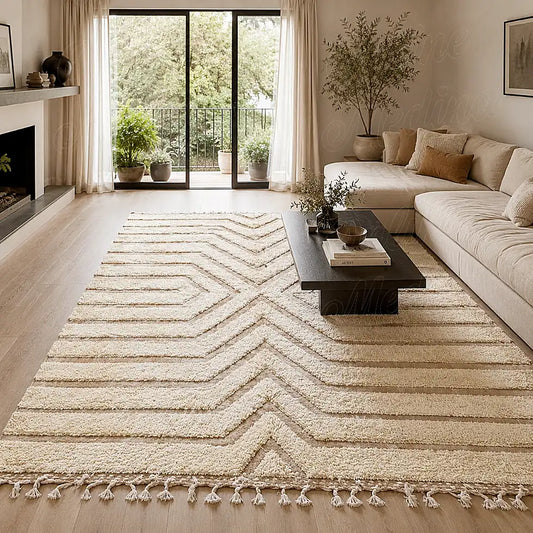 Tapis berbère moderne écru à grand X central devant un canapé clair dans un salon