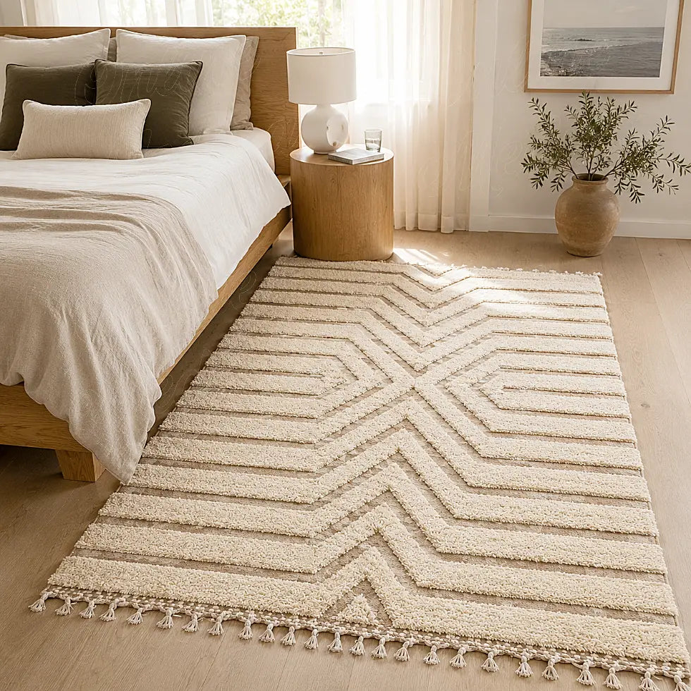 Tapis écru et beige à lignes chevrons placé au pied d’un lit dans une chambre lumineuse