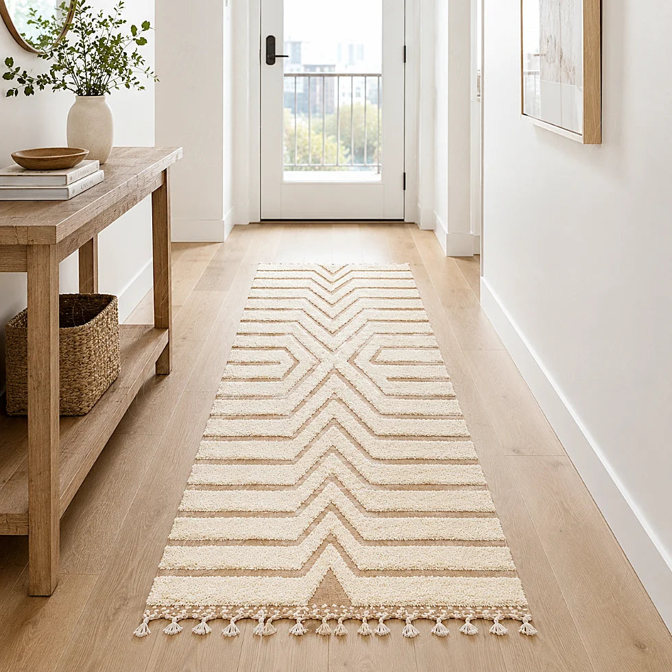 Tapis graphique à X central et lignes parallèles disposé dans un couloir clair